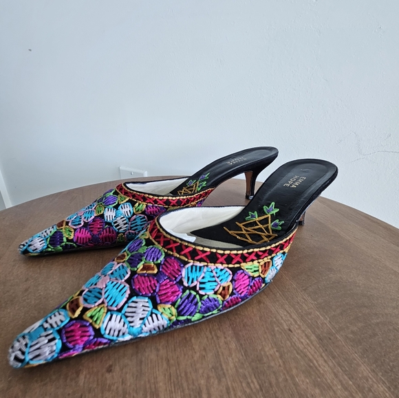 EMMA HOPE ITALY Hand Sewn Embroidered Pointed Kitten Heel Mule Shoes - Picture 6 of 16